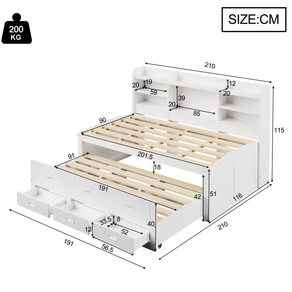 Letto divano 90 × 200 cm 1 posto con letto estraibile; 3 cassetti; LED regolabile; USB e Type-C; senza materasso; bianco