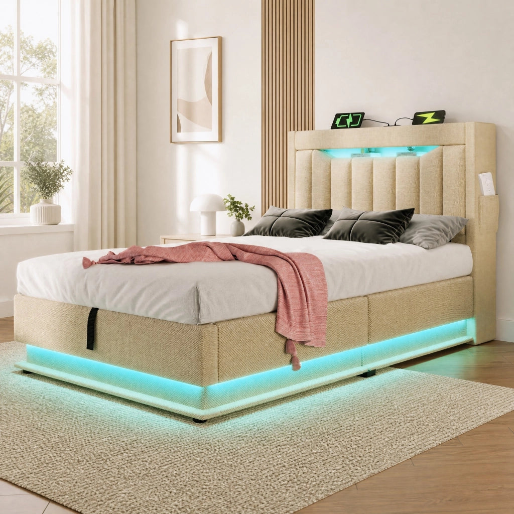 Letto singolo imbottito 90x200 cm con LED, testiera con USB e Type-C, beige