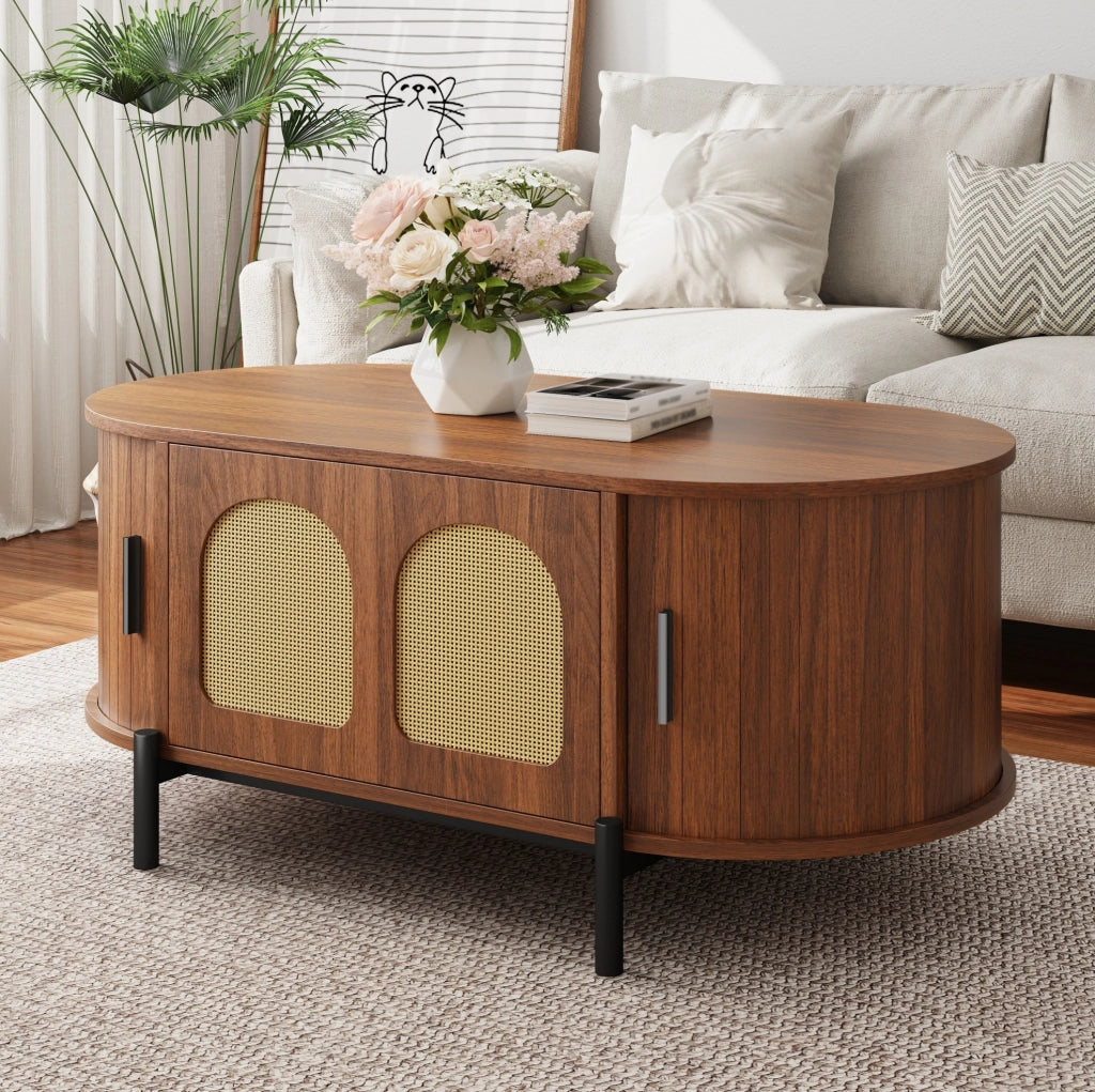 Tavolino da salotto ovale 100x50 cm con ante scorrevoli in rattan color noce HOMVRA