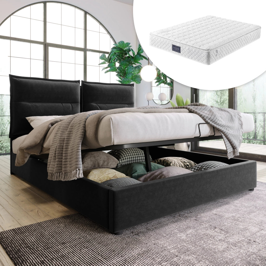 Letto imbottito 140x200 cm con contenitore idraulico nero