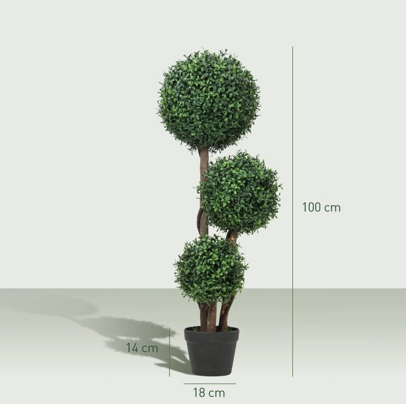 Pianta artificiale ULEVR a 3 sfere di bosso 100 cm con tronco in legno e vaso, verde