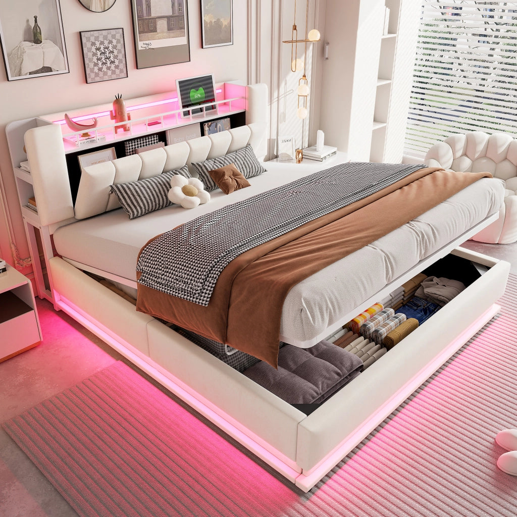 OKWISH Letto Contenitore 180×200 cm, Letto Matrimoniale con LED, USB, Tipo C e Vano Contenitore, senza Materasso, Beige