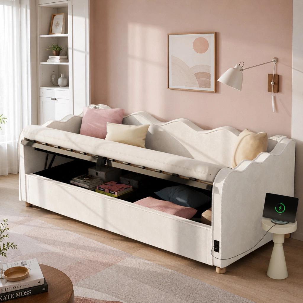 Letto contenitore singolo 90 × 200 cm con vano idraulico, USB e porta USB-C, senza materasso, velluto beige