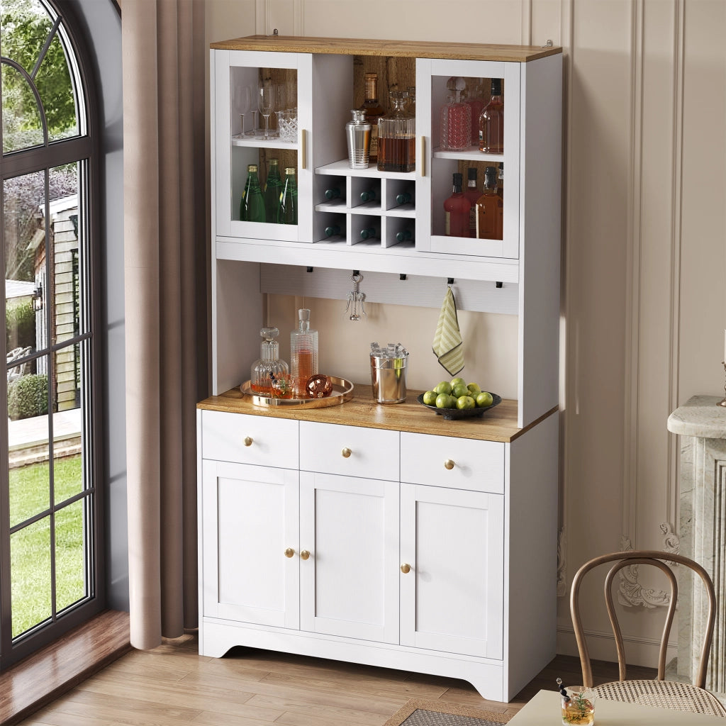 Credenza alta con 5 ante 3 cassetti e vani aperti in MDF bianco effetto legno 94.5 × 30 × 175.5 cm