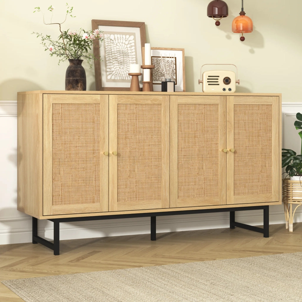 Sideboard 140x39,5x80 cm con intreccio in vero rattan, 4 ante