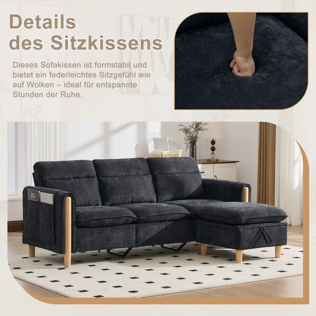 Divano angolare a 3 posti in chenille nero con pouf contenitore e chaise longue reversibile 201 × 77 × 86 cm
