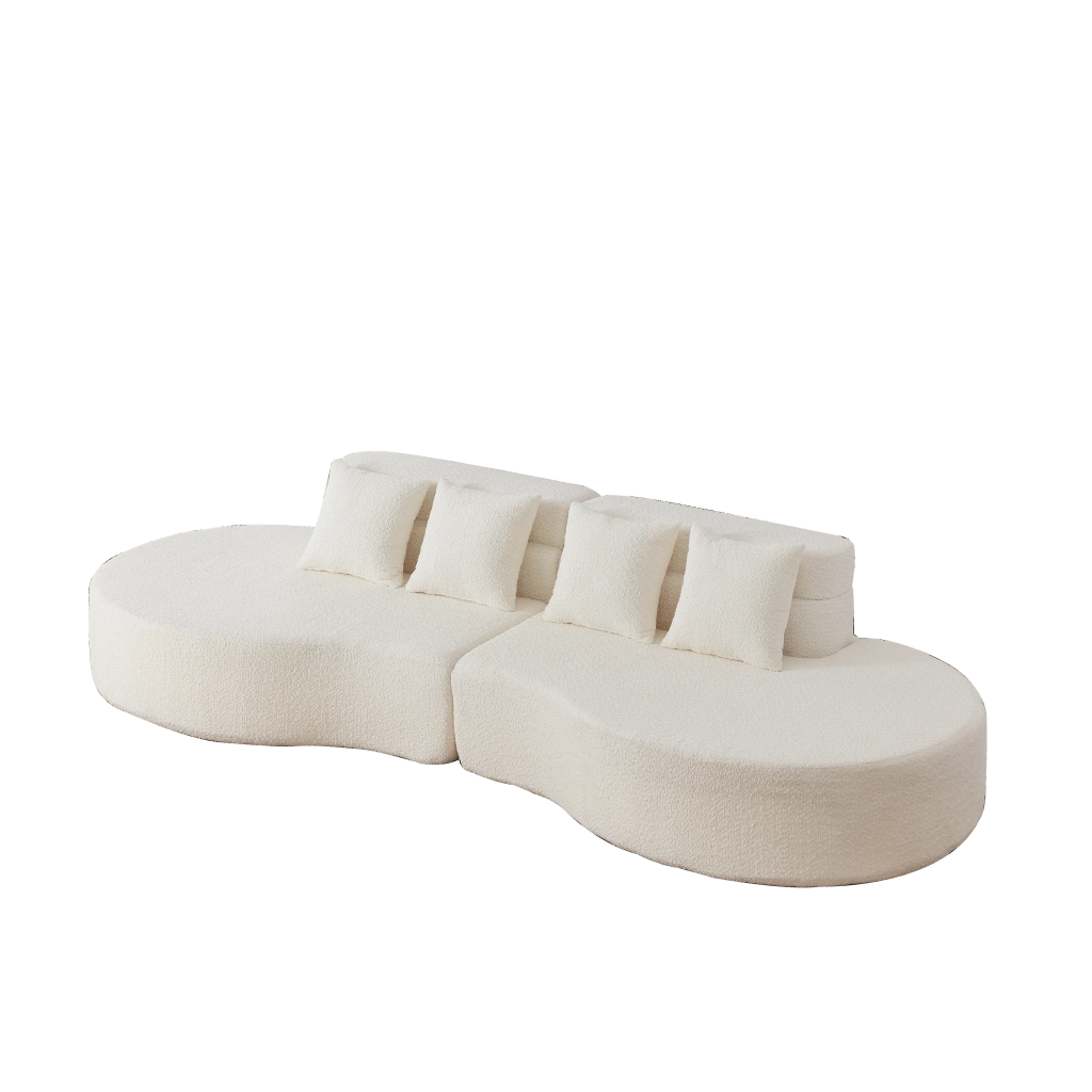 Divano modulare 2 posti in schiuma con schienale a livelli e cuscini decorativi, design curvo in ciniglia beige