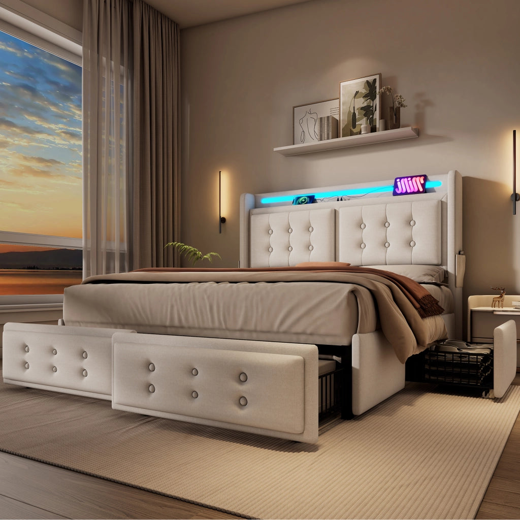 DESMIU Lit Coffre 140 × 200 cm 2 Posti con LED, USB, Type-C e 4 Cassetti, Materasso Incluso, Beige