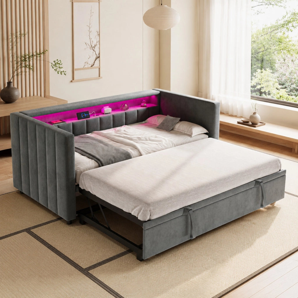 Letto con letto estraibile 90 × 190 cm con LED regolabile USB Type-C testiera capitonné velluto grigio scuro