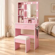 Toeletta rosa con specchio LED a 3 tonalità; presa integrata; supporto asciugacapelli; cassetti e sgabello imbottito in MDF