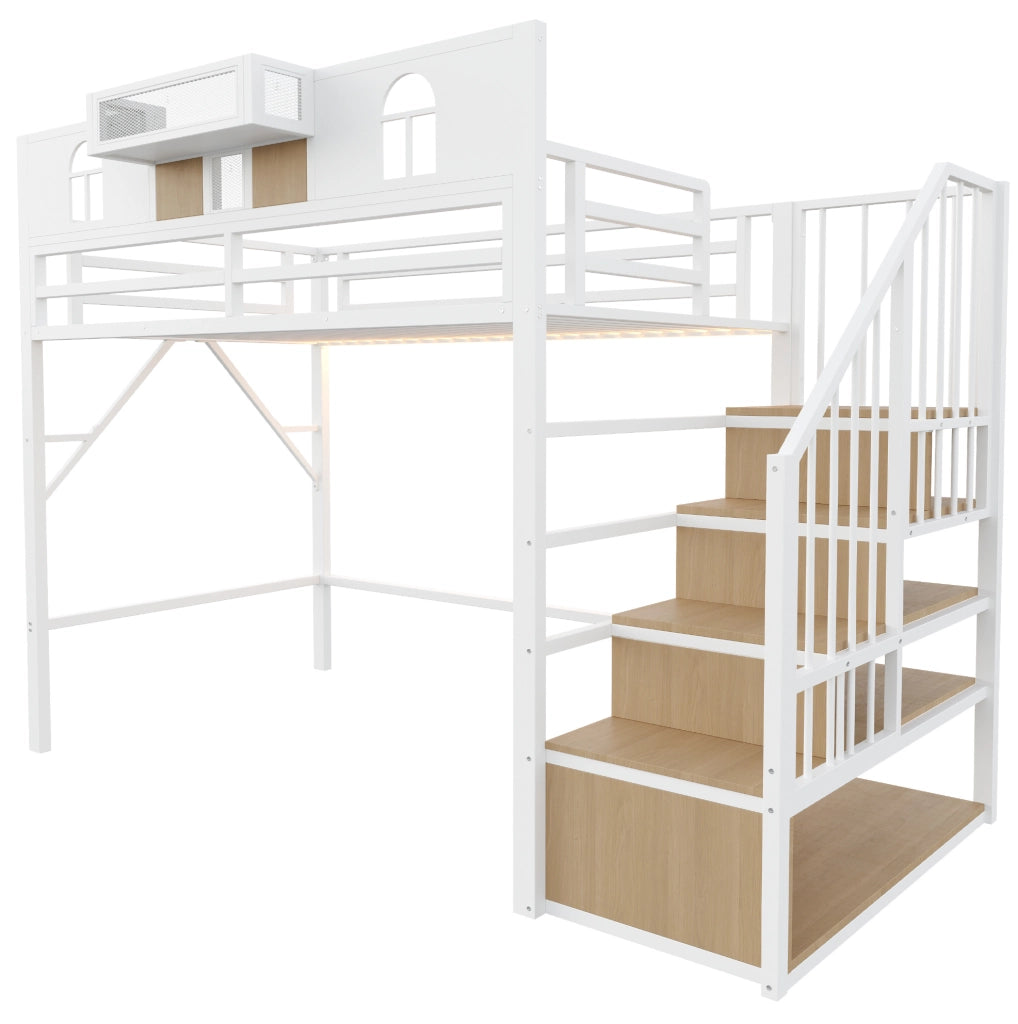 Letto a soppalco ULEVR 90x200 cm in metallo bianco con scala contenitore, ripiano laterale e striscia luminosa