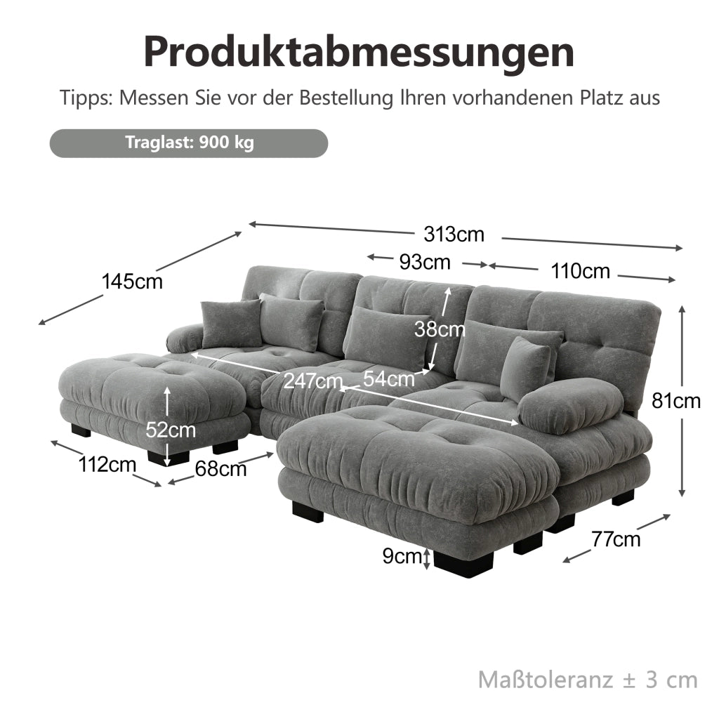 Divano componibile modulare a U in chenille grigio con ottomane mobili e cuscini per il salotto