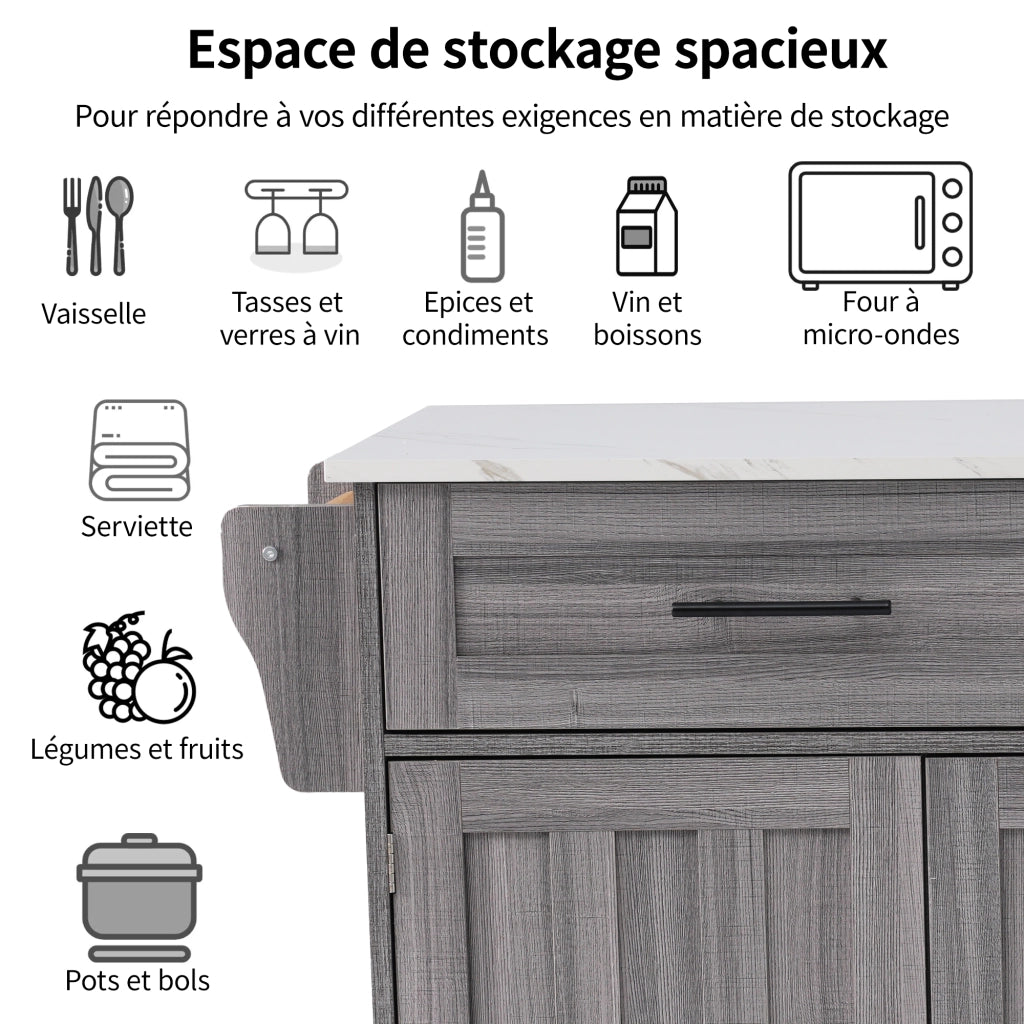 Carrello da cucina con piano estensibile; 2 cassetti; ripiani regolabili; ruote e gambe in legno