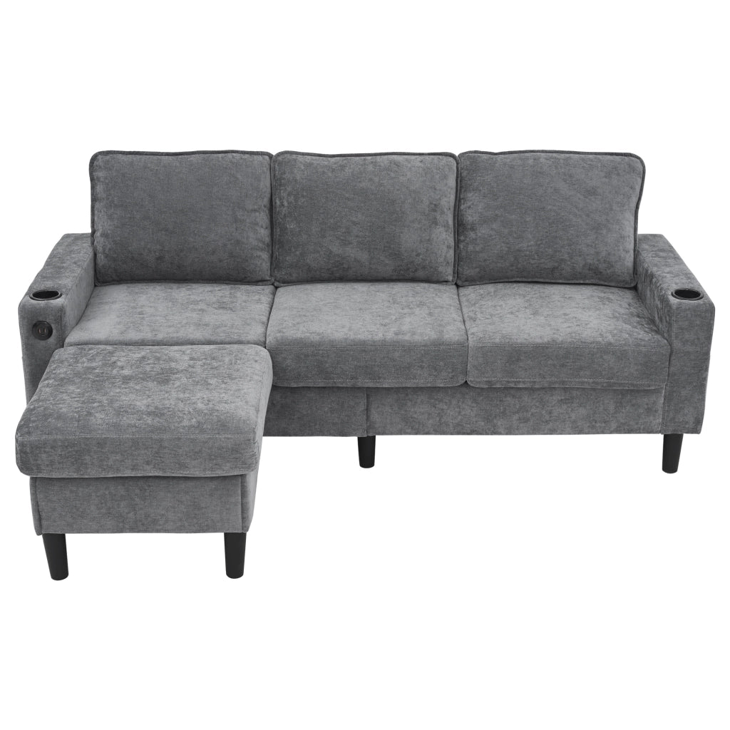 Divano ad angolo modulare 3 sedili 202x137 cm con pouf mobile 2 di USB USB - Portabicchieri C con tasche laterali lino Grigio