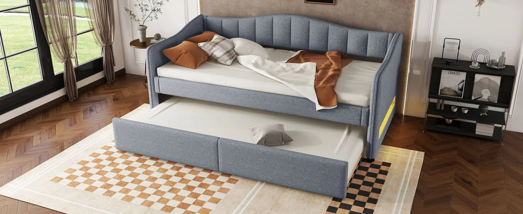 Letto singolo 90 × 200 cm con letto estraibile in lino e MDF grigio con illuminazione LED controllabile tramite app