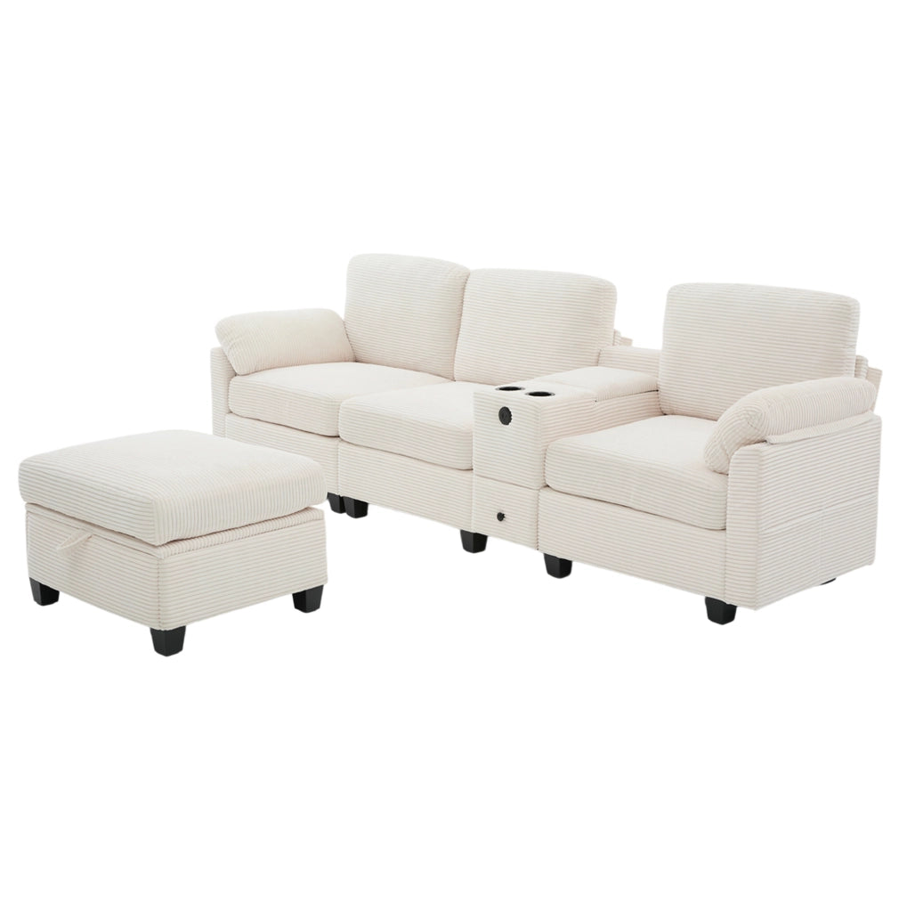 Divano beige in velluto a coste con console scorrevole; USB-C e pouf contenitore – 266 × 136 × 82 cm