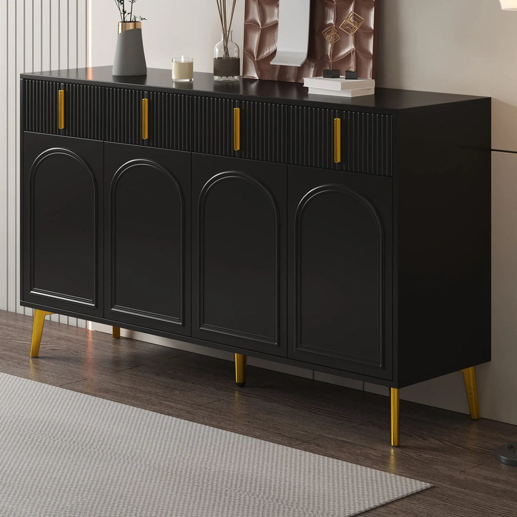 Sideboard 140x38x82 cm, 4 ante, 4 cassetti, gambe e maniglie oro, ripiano in laminato rimovibile, per soggiorno e sala da pranzo