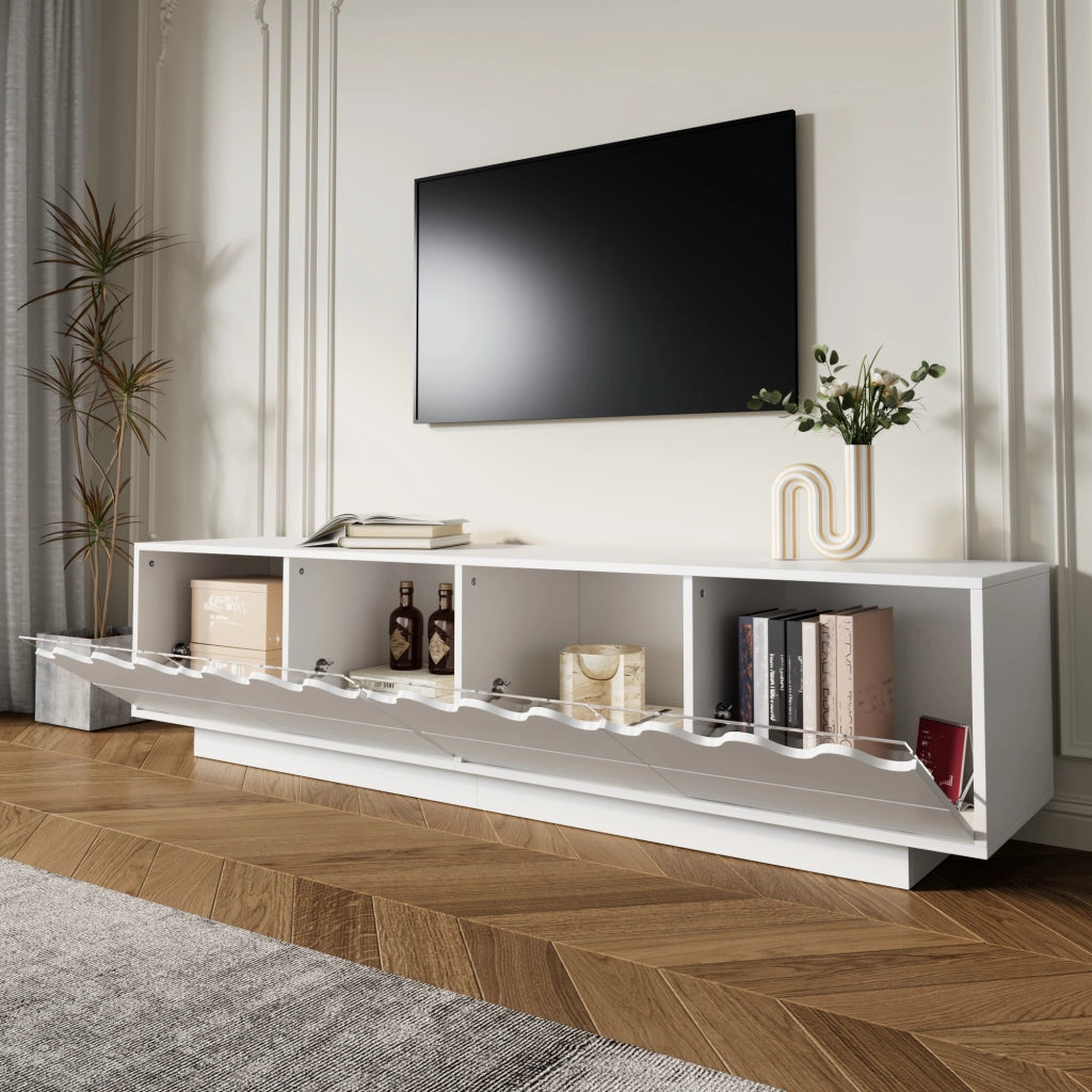 Mobile TV largo 170 cm con 4 ante e design ondulato, MDF e truciolato, bianco