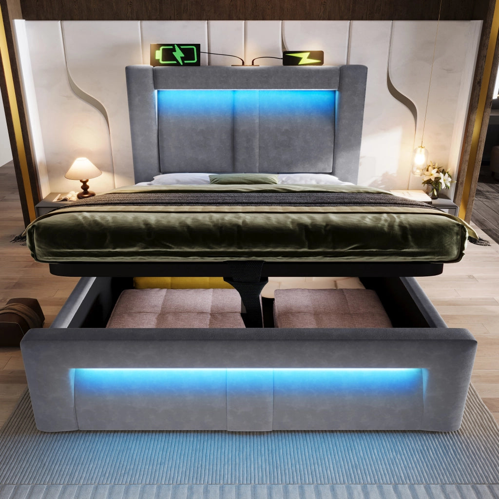 Letto singolo contenitore 90x200 cm in velluto grigio con materasso; LED e ricarica USB/Type-C HOMVRA