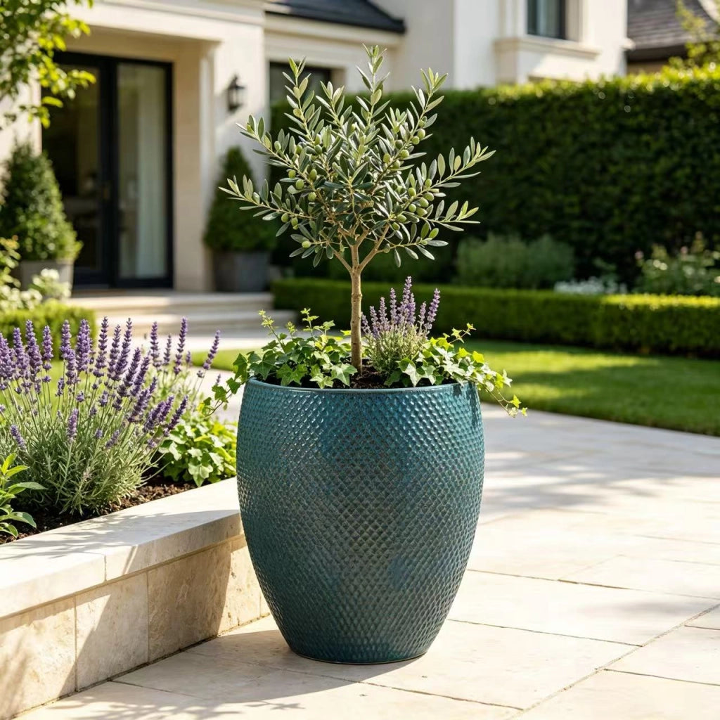 Vaso da fiori in ceramica extra grande Ø46 cm, H 53 cm, smaltato turchese lucido, con fori di drenaggio