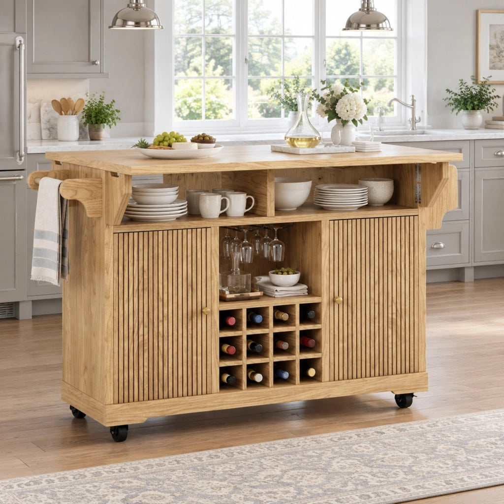 Carrello da cucina mobile con prolunghe pieghevoli; ripiani regolabili e portabottiglie estraibile in MDF naturale