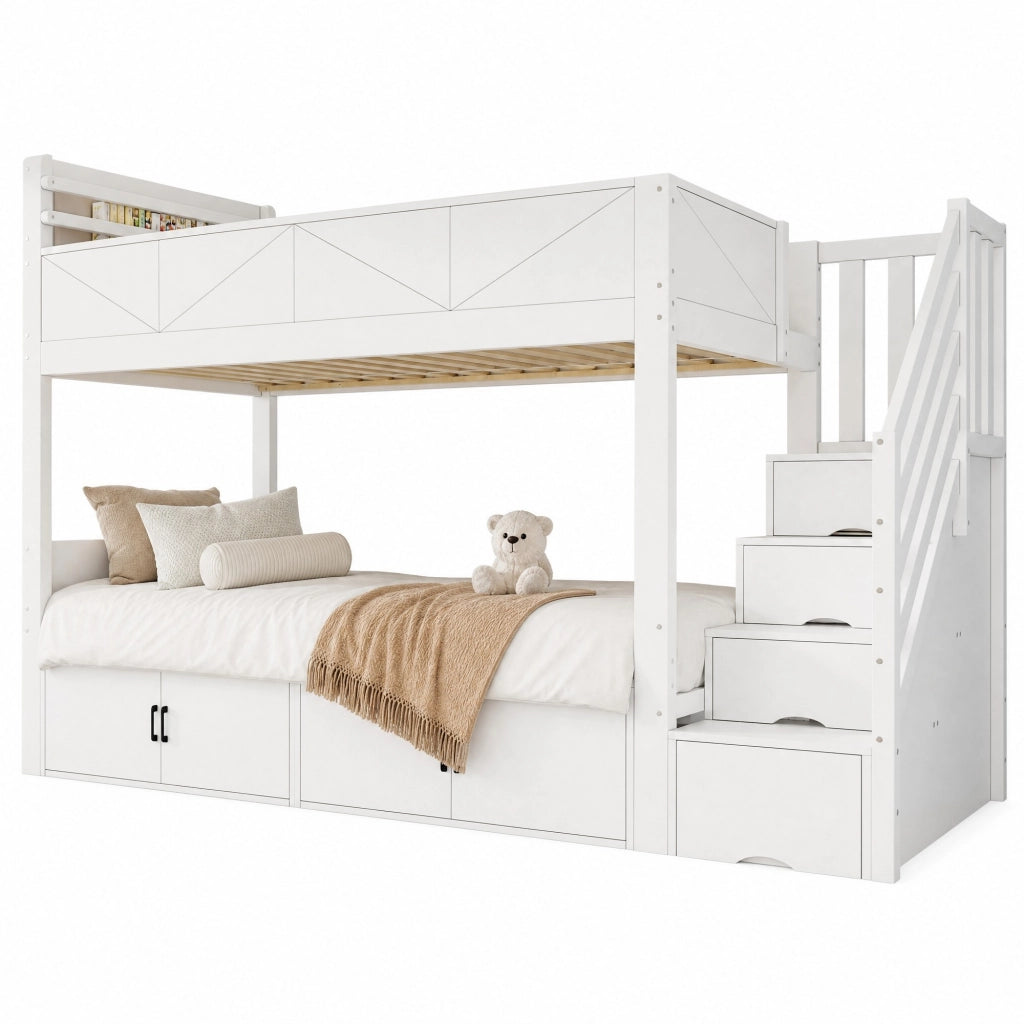 Letto a castello 90 × 200 cm 2 posti con scala contenitore, vani chiusi e ripiano libri, senza materasso, bianco