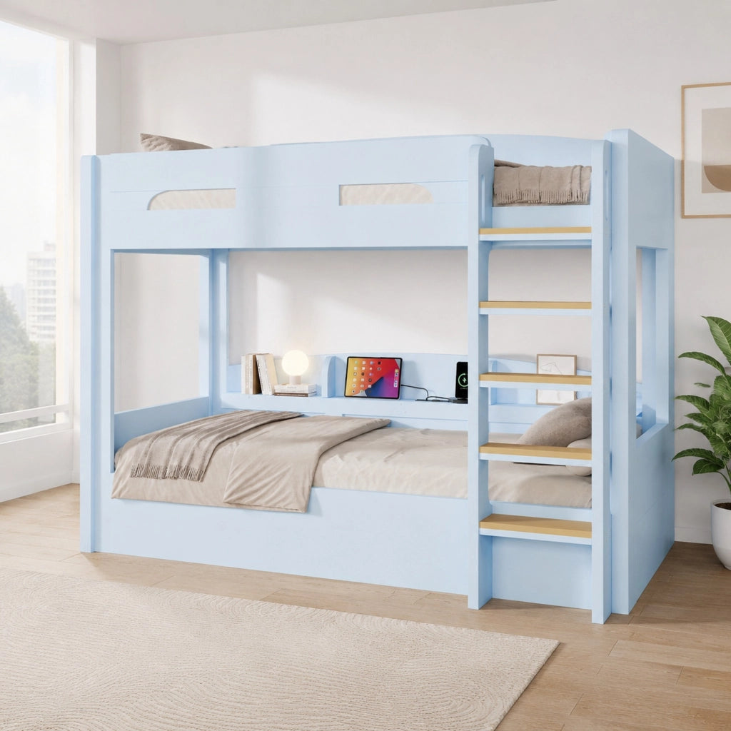 Letto a castello due posti 90 × 200 cm con presa USB e ripiani laterali in legno e MDF blu