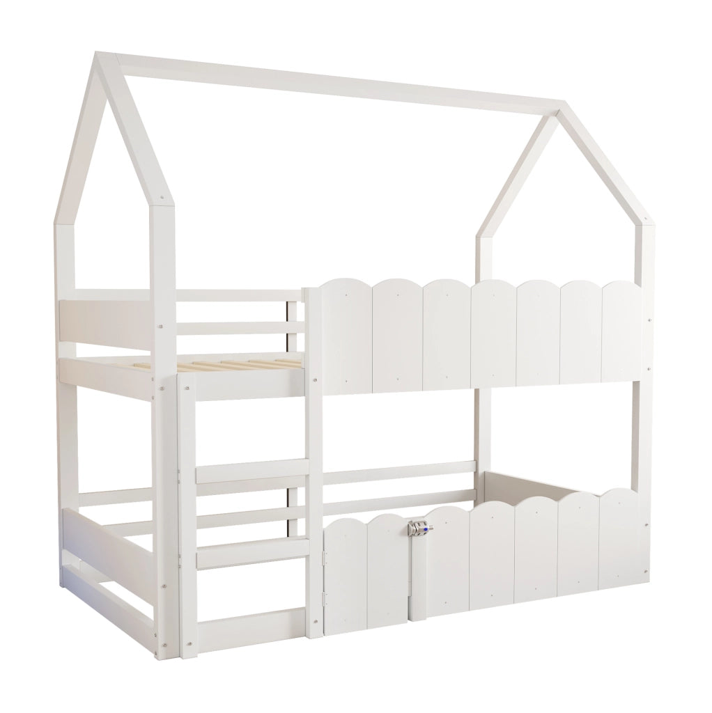 Letto a castello per bambini 90x200 cm a casetta con scala e sponde bianche