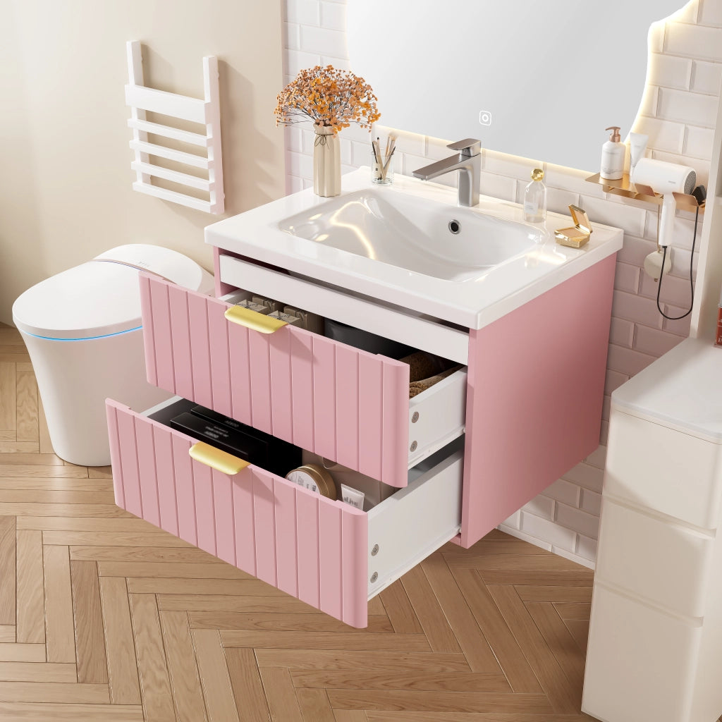 Mobiletto con lavabo in ceramica a due livelli in MDF rosa e bianco con maniglie in metallo 28.3 kg