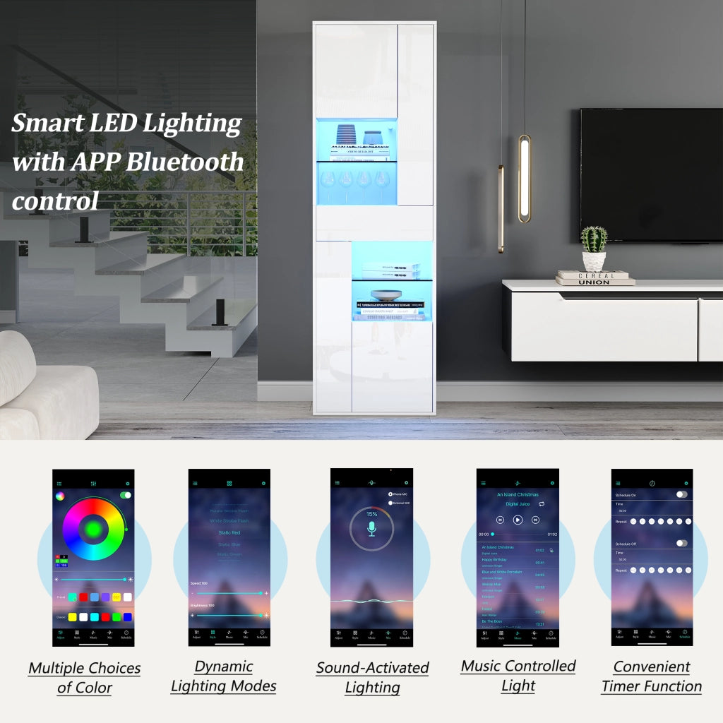 Vetrina alta con LED e 1 cassetto 4 armadietti ripiani regolabili vetro temperato bianco 55 × 38 × 170 cm