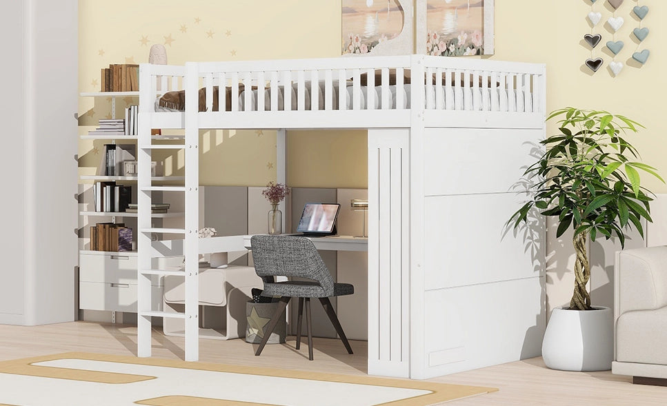 Letto a soppalco bianco con scrivania, armadio e 3 cassetti, 140x200 cm