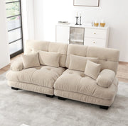Divano angolare Cloud in chenille beige chiaro con struttura in legno massello e cuscini lombari e decorativi