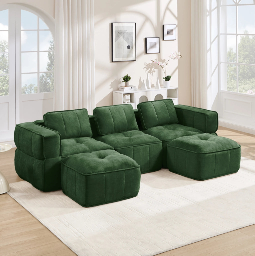 Divano modulare a U 3 posti con 2 pouf 271x162x67 cm in poliestere verde