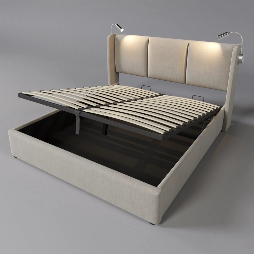 Letto Contenitore Imbottito Matrimoniale con Luce LED e USB ¨C MINIMAL ¨C Tessuto Lino 160x200