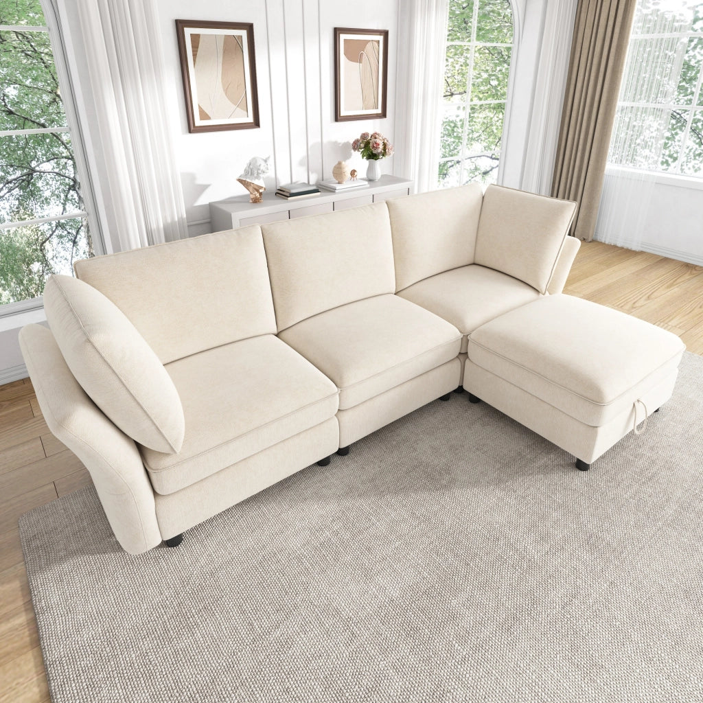 Divano modulare angolare 4 posti in ciniglia beige con pouf contenitore e 2 cuscini