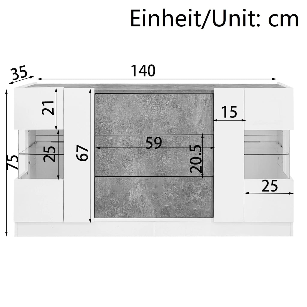 Sideboard elegante con 2 ante, 3 cassetti, finiture bianche lucide e effetto marmo grigio, LED a 16 colori, 140x35x75 cm
