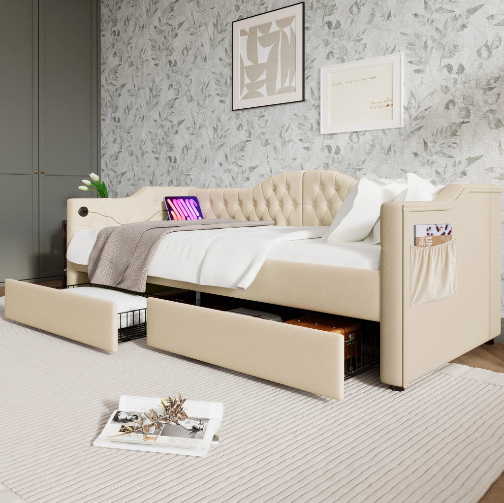 Daybed imbottito 90x200 cm con 2 cassetti; USB e Type-C; velluto beige