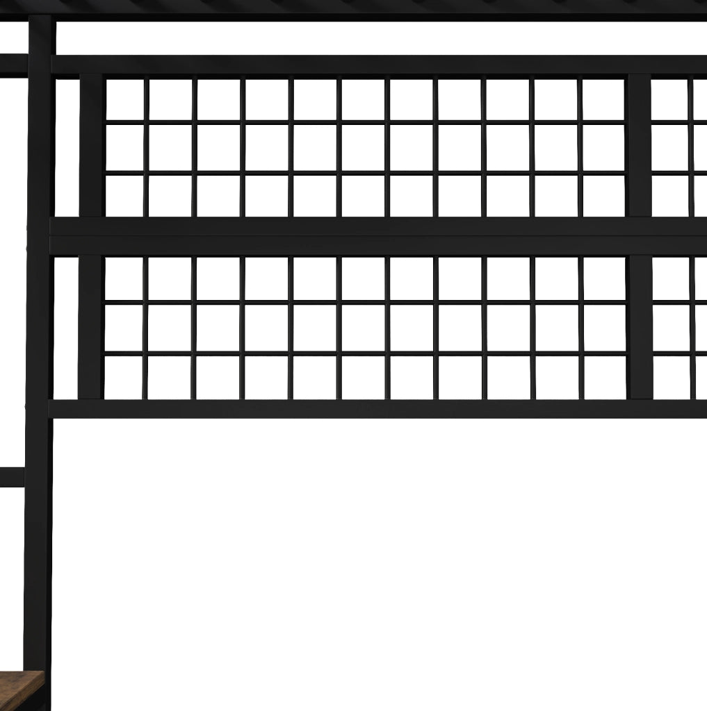 Letto a soppalco 90 x 200 cm con struttura in ferro, rete appendiabiti, LED regolabile, ripiano portaoggetti, senza materasso, nero