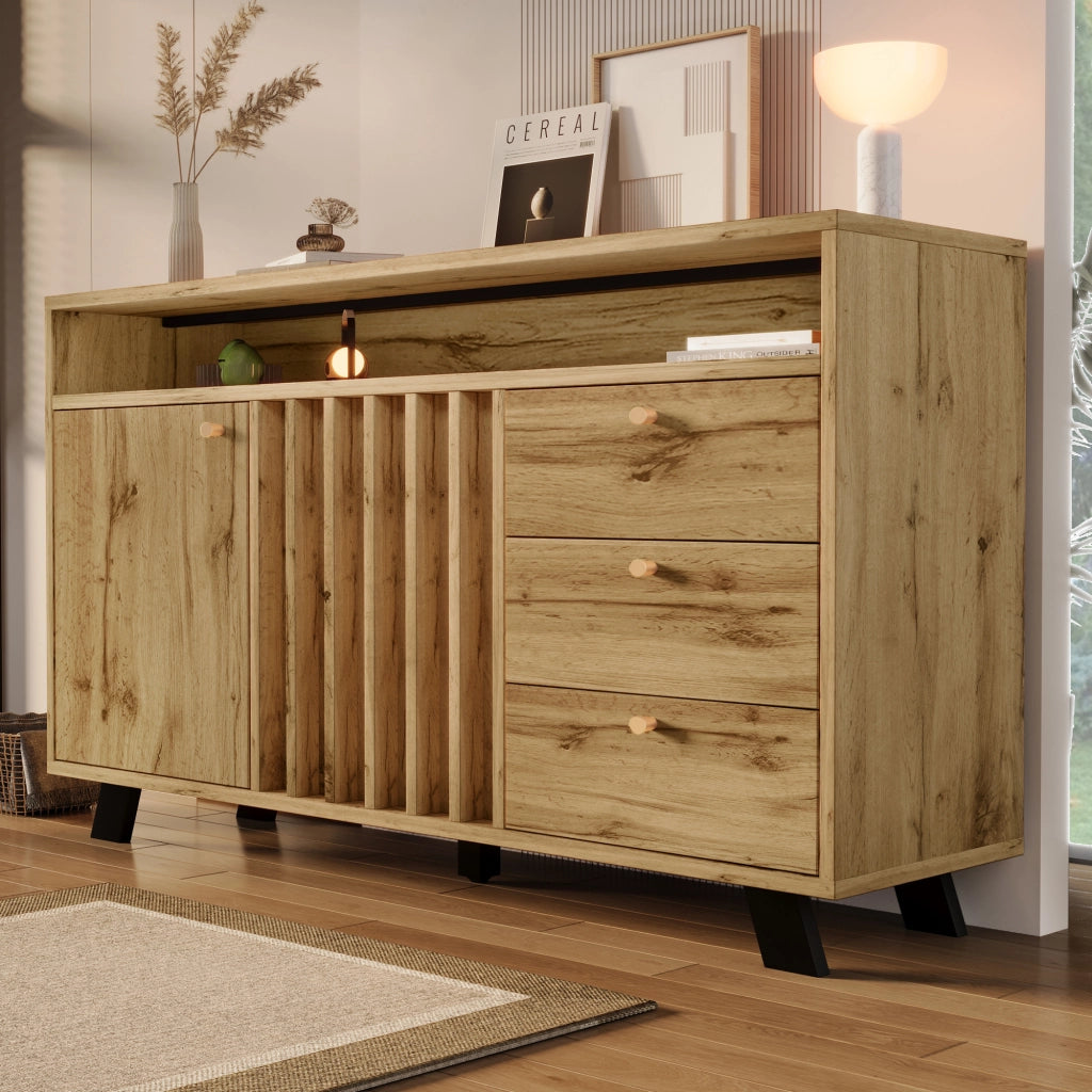 Credenza vintage con 3 cassetti; 2 ante e vano aperto 120x40x85 cm; rovere scuro