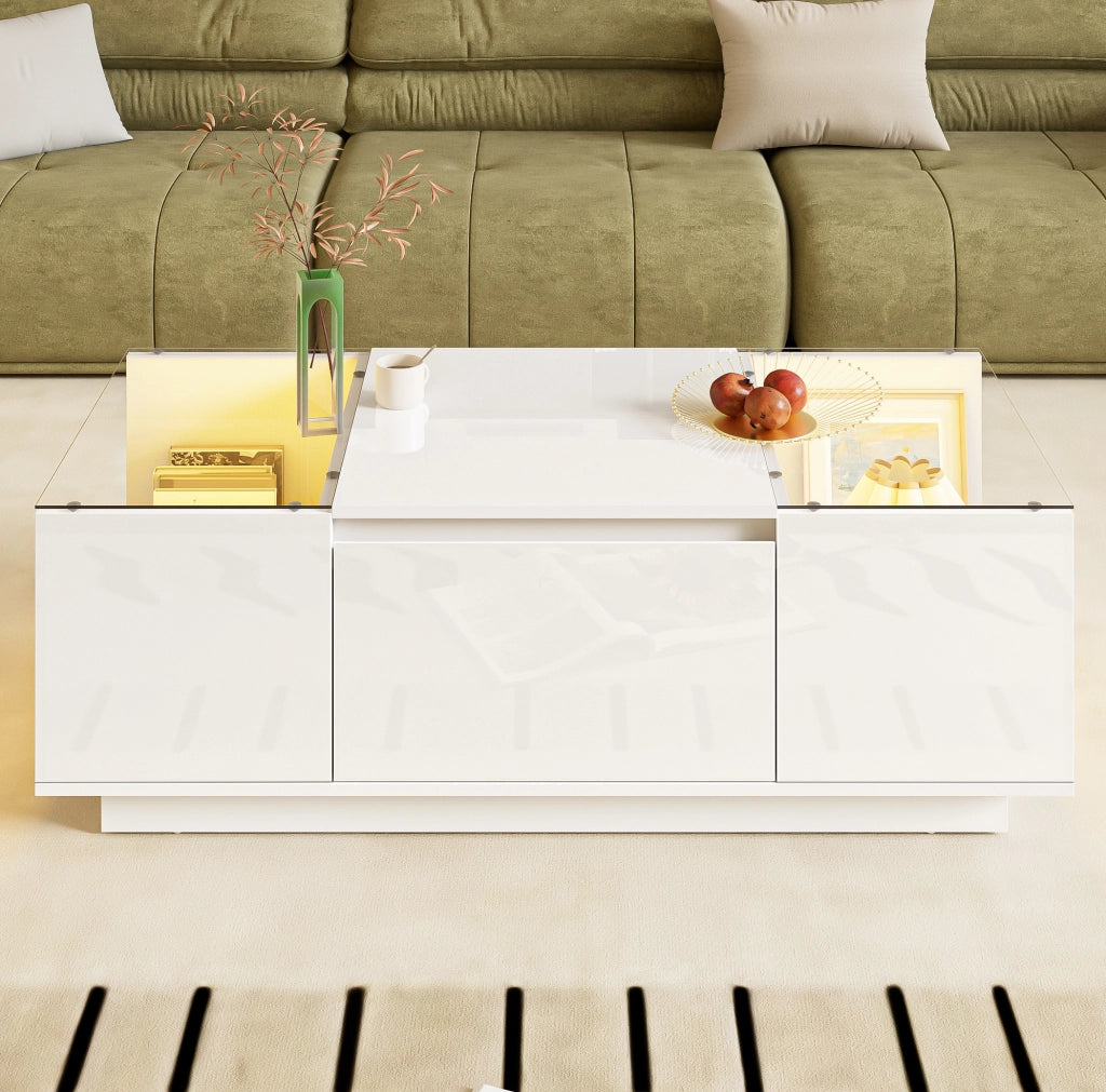 Tavolino moderno bianco 105x50x35 cm con ripiani in vetro, LED RGB e 2 cassetti