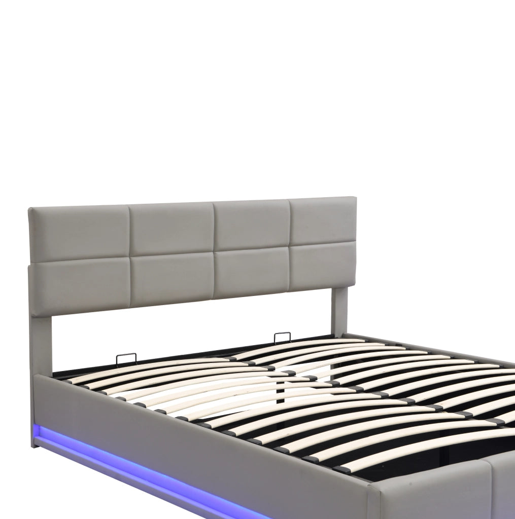 Letto 180x200 cm con contenitore idraulico, LED e rivestimento in similpelle grigio cemento