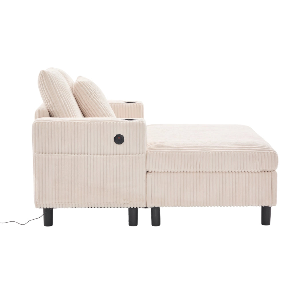 Poltrona relax extra large con USB; portabicchieri e LED; in velluto a coste beige