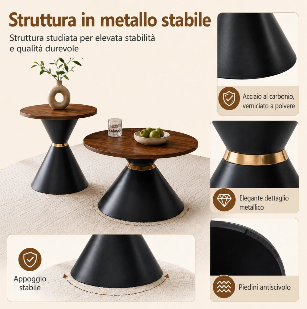 Set di 2 tavolini rotondi con piano in melamina effetto noce e base in metallo nero con dettagli dorati