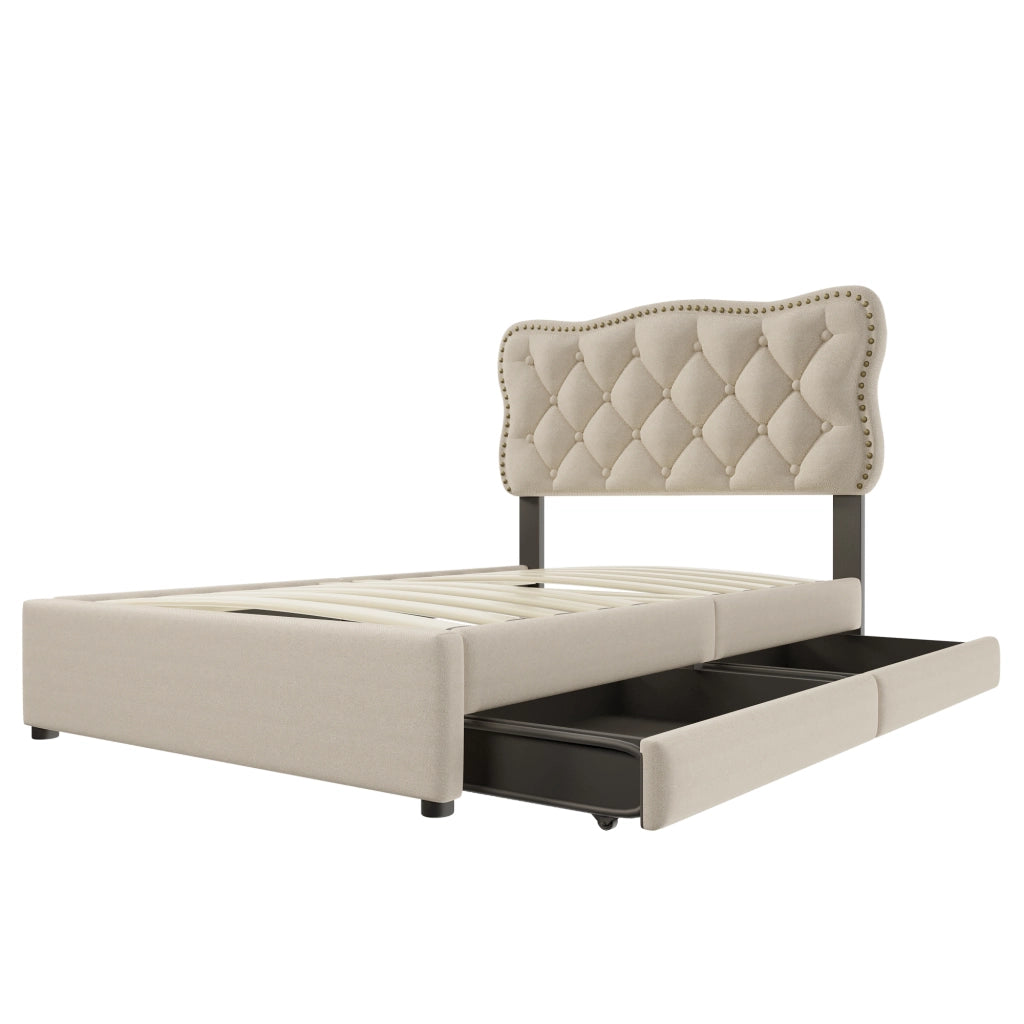 Letto con cassetti 90 × 200 cm imbottito con testiera regolabile e borchie decorative in lino e MDF beige scuro