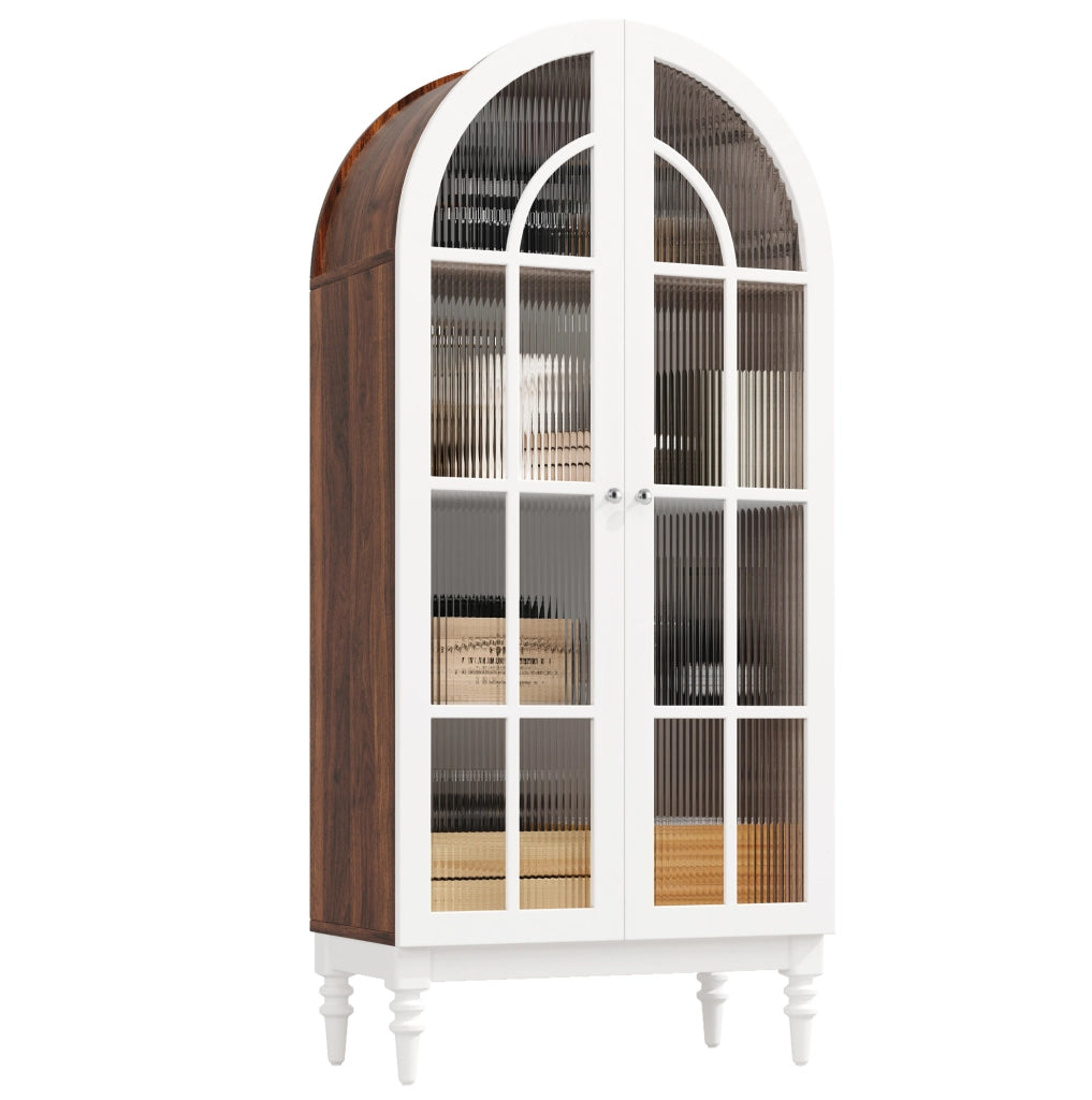 Vetrina ad arco 165 cm con ante doppie in vetro rigato, 3 ripiani, MDF e metallo, colori noce e bianco