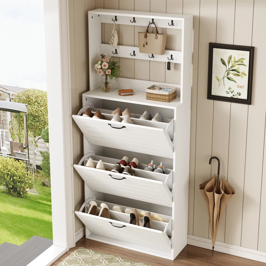 Scarpiera con 3 ripiani e 8 ganci per accessori, per ingresso e camera da letto, in truciolare bianco, 70 × 25 × 165 cm