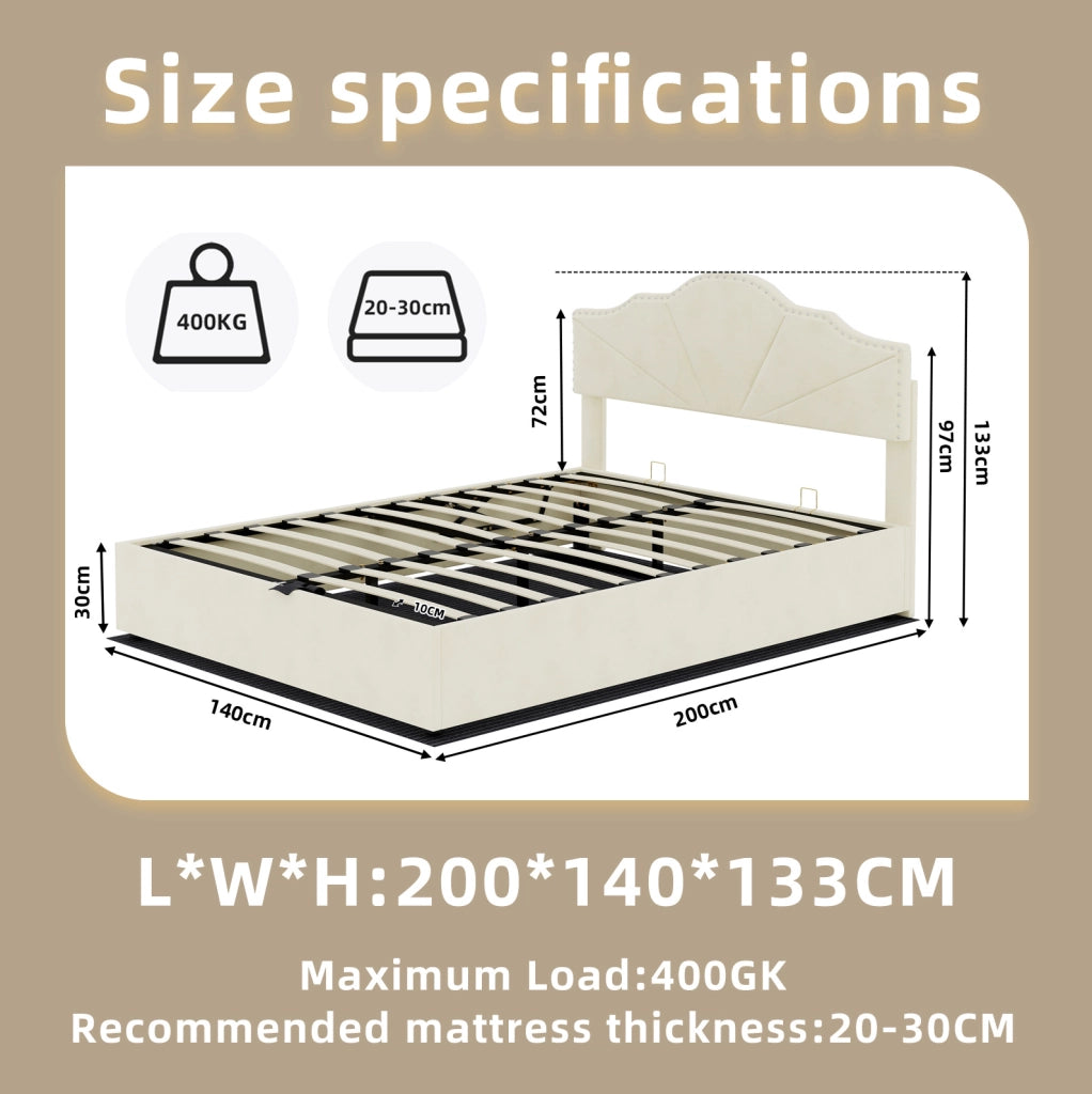 Letto moderno beige 140x200 cm con testiera imbottita e contenitore con pistoni idraulici, struttura in legno multifunzionale senza materasso