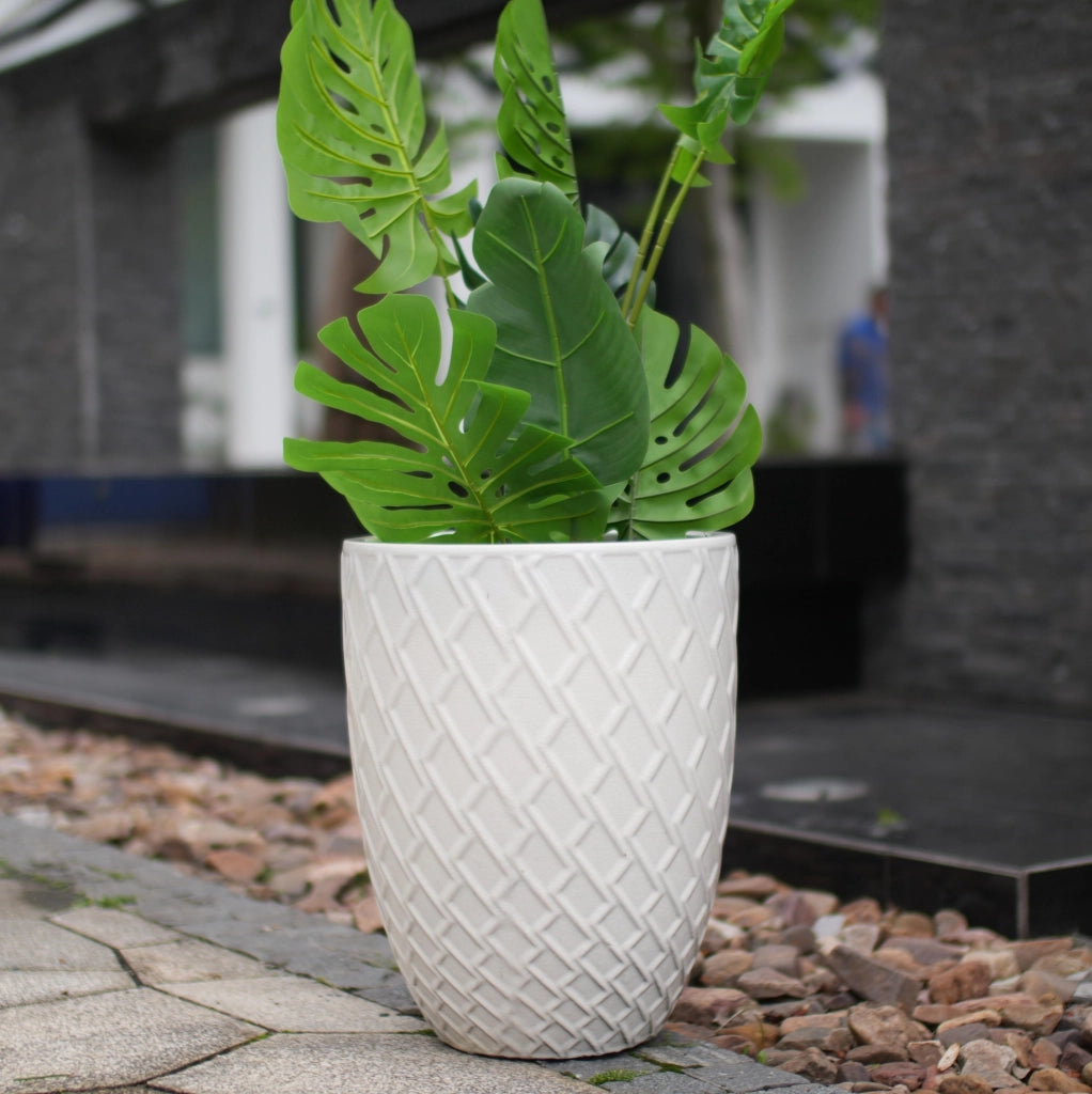 Grande Vaso da Fioriera in Ceramica Artigianale, 42 cm di Diametro × 54 cm di Altezza, Bianco Lucido con Motivo a Rombo, Traspirante e Resistente al Gelo con Fori di Drenaggio