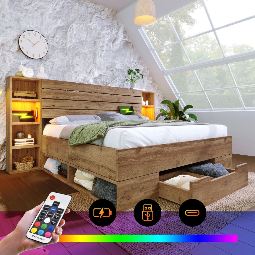 Letto matrimoniale 160×200 cm 2 posti; LED regolabile; USB e ricarica C; mensole e 2 cassetti; senza materasso