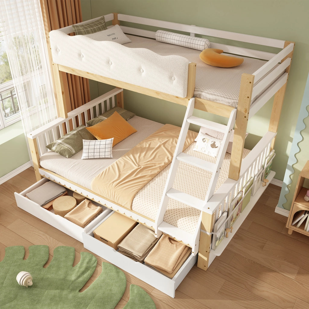 Letto a Castello 90 x 200 cm e 140 x 200 cm; 3 Posti con 2 Cassetti e Portariviste